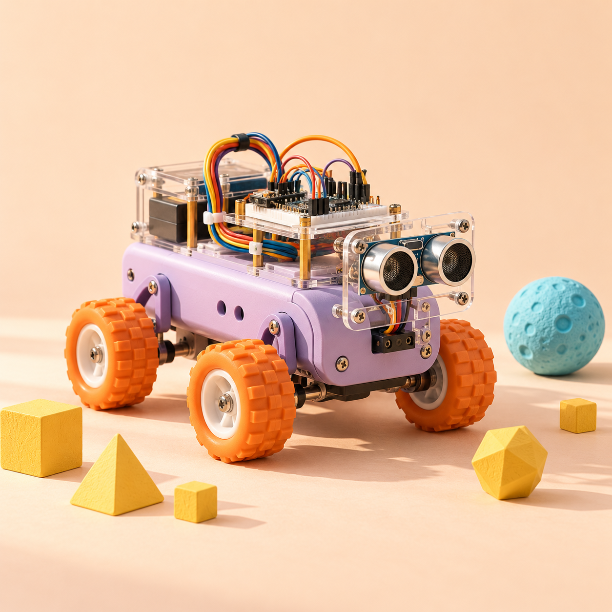 Illustration of a colorful educational robot rover with sensors and bright orange wheels